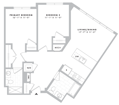 Floor plan for 2 beds, 2 baths, 1036 sqft